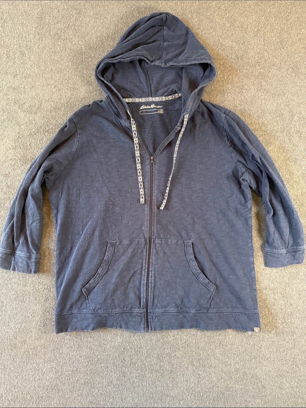 Eddie Bauer Navy Hoodie with Cream Geometric Trim